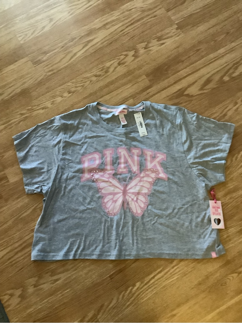 PINK Victoria's Secret Gray Tee with Pink Butterfly Graphic